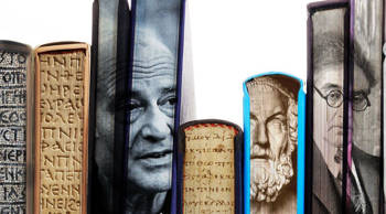 Photograph showing six books in a row depicting either letters from an ancient script or male faces of an older generation